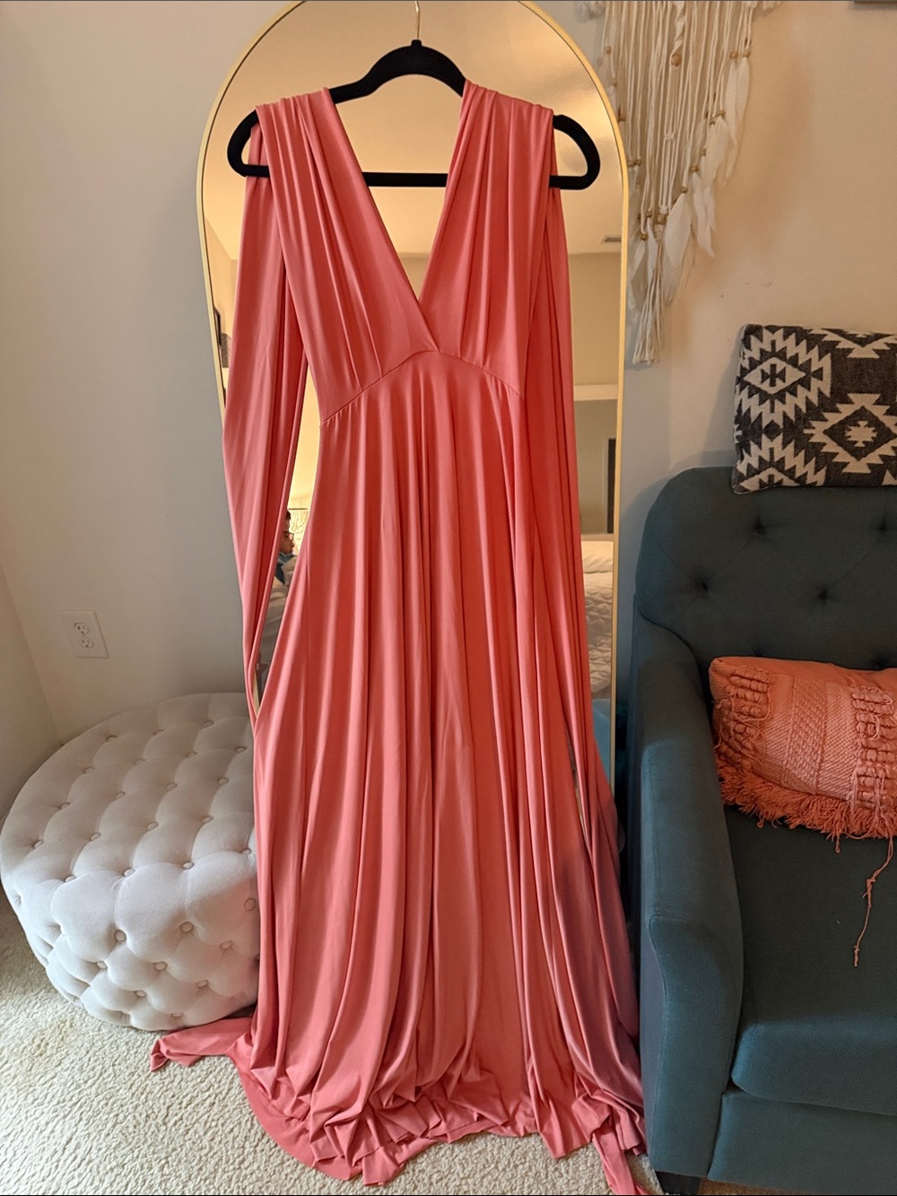 Coral Pink V-Neck Floor-Length Wedding Dress/Bridesmaid. Multi way to wrap.